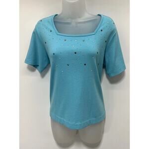 Quacker Factory Rhinestone Embellished Short Sleeve Top Blue Sz S Colorful Gems